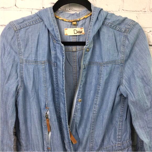 Dittos Women's Chambray Flap Pocket Hooded 3/4 Lightweight Zippered Jacket M - Picture 3 of 15